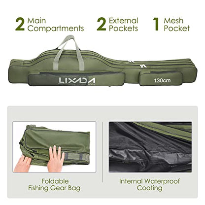 Lixada Fishing Rod Case, Portable Folding Fishing Rod Case Fishing Pole Reel Storage Bag Fishing Gears Organizer