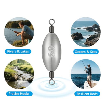 Polsefve Inline Trolling Fishing Weights with Inner Swivels, Oval Drop Casting Sinkers Lead Sinker Tackle for Catfish Bass Saltwater & Freshwater Bottom Fish(10g/15g/20g/30g/40g/60g) - color: 21/8oz-10pcs