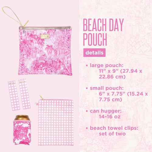 Lilly Pulitzer Water Resistant Vinyl Beach Day Pouch, Zipper Bag Includes Drink Hugger, Small Pouch, and Towel Clips - color: Palm Beach Toile