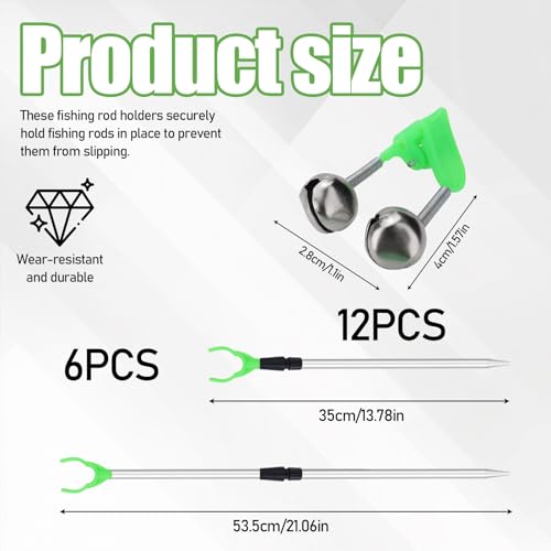 6 Packs Extendable Fishing Rod Holder for Ground Rack, Adjustable Fishing Pole Holders Spike Stand with 12 Alarm Bells Telescopic for Bank Sand Beach