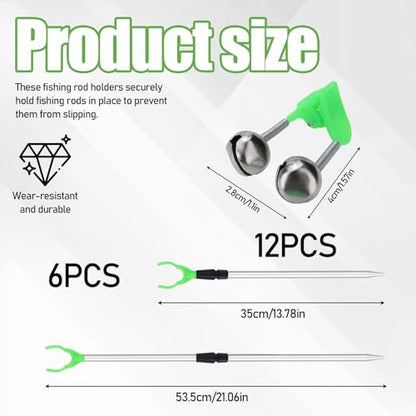 6 Packs Extendable Fishing Rod Holder for Ground Rack, Adjustable Fishing Pole Holders Spike Stand with 12 Alarm Bells Telescopic for Bank Sand Beach