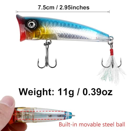 Popper Fishing Lures Topwater Fishing Baits Hard Baits 3D Eyes Swimbait Crankbait with Treble Hook for Bass Trout Freshwater Saltwater - color: 6pcs-3in/0.39oz