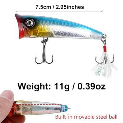 Popper Fishing Lures Topwater Fishing Baits Hard Baits 3D Eyes Swimbait Crankbait with Treble Hook for Bass Trout Freshwater Saltwater - color: 6pcs-3in/0.39oz