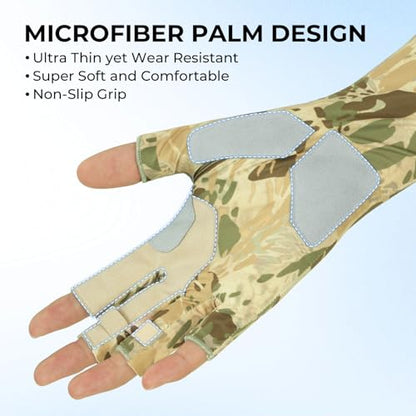 KastKing Agies Fishing Gloves Men, UPF 50+ Sun Gloves UV Protection, Cooling Quick-Dry 3/4 Fingerless Gloves with Extended Cuff, Microfiber Palm & Pull Tabs, for Fishing, Kayaking, Hiking, Hunting - color: X Camo-Multi Purpose, size: Small-Medium