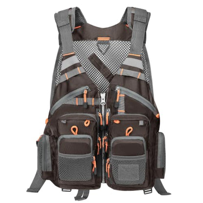 Gonex Fly Fishing Vest for Men Women, Comfortable Adjustable Fishing Vest with Multi-Pockets Reflective Stripes - color: Dark Brown