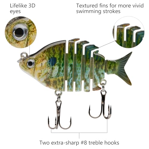 Bassdash SwimPanfish 0.34oz Hard Swimbaits Multi Jointed Topwater Trout Bass Fishing Crank Lure for Freshwater and Saltwater - color: Blue/Gold Pumpkinseed