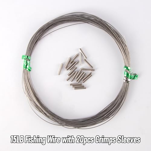 Alwonder 32.8ft Fishing Wire Fishing Leader Line with 20pcs Crimps Sleeves, Nylon Coated 1x7 Stainless Steel Leader Wire Freshwater Saltwater for Pike, Billfish, Bluefish, Muskie, Wahoo - size: 15LB