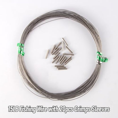Alwonder 32.8ft Fishing Wire Fishing Leader Line with 20pcs Crimps Sleeves, Nylon Coated 1x7 Stainless Steel Leader Wire Freshwater Saltwater for Pike, Billfish, Bluefish, Muskie, Wahoo - size: 15LB