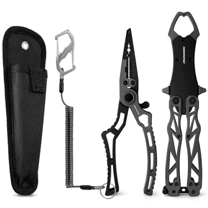 Ashconfish Fish Lip Gripper Pliers - Upgraded Muti-Function Aluminum Alloy Hook Remover and Split Ring Pliers for Fly Fishing, Ice Fishing, Fishing Gear (Dark Grey) - color: Dark Grey