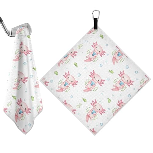 Axolotl Fish White Pattern Magnetic Golf Towel for Golf Bags Microfiber Golf Accessories for Men Women with Carabiner Clip Attaches to Carts and Clubs, 17.7"x17.7"