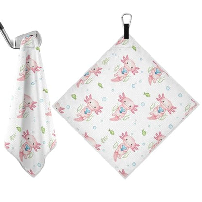 Axolotl Fish White Pattern Magnetic Golf Towel for Golf Bags Microfiber Golf Accessories for Men Women with Carabiner Clip Attaches to Carts and Clubs, 17.7"x17.7"