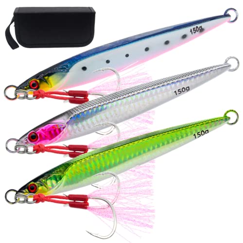 3pcs Saltwater Vertical Fishing Jigs Metal Jigging Spoon | Speed Fast Deep Sea Jigging Fishing Lures Luminous Lead Jigs with Assist Hooksfor Tuna Bass Dogtooth Grouper(5.29oz/5.64oz) - color: B-speed fast sinking fishing jigs 5.29oz