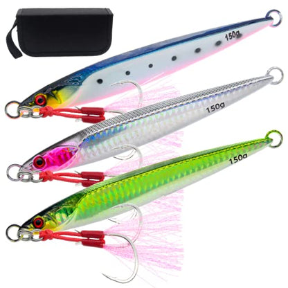 3pcs Saltwater Vertical Fishing Jigs Metal Jigging Spoon | Speed Fast Deep Sea Jigging Fishing Lures Luminous Lead Jigs with Assist Hooksfor Tuna Bass Dogtooth Grouper(5.29oz/5.64oz) - color: B-speed fast sinking fishing jigs 5.29oz