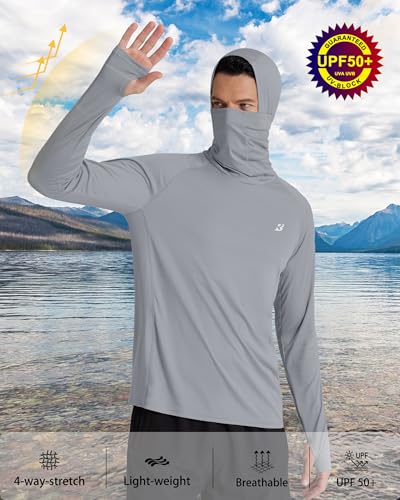 Roadbox UPF 50+ Men's Hooded Fishing Shirts, Long Sleeve UV Sun Protection Hoodie Hiking Running Swim Rash Guard with Mask - color: Gray, size: 3X-Large