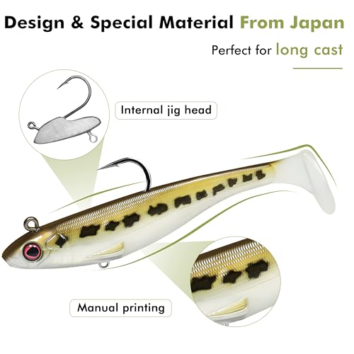 TRUSCEND Shadtale Easy Catch Soft Fishing Lures with BKK Hooks - Trembly Sinking and Vibrating Swim for More Bites, Pre-Rigged Swimbaits for Bass, Trout, Crappie, Walleye, Freshwater Saltwater Fishing - color: 6",2oz