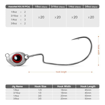 OJY&DOIIIY Fish Eye Swimbait Jig Heads, 12/20 Pack Weighted Hooks for Texas Rig or Ned Rig Fishing 1/8 3/16 1/4 3/8 oz - style: 1/2oz, 4/0, 20 Pack