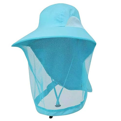 Mosquito Fishing Safari Mesh Net Hat with Neck Flap, Sun Protection Women Men Bug Cap, Hidden Netting Boonie - color: Light Blue