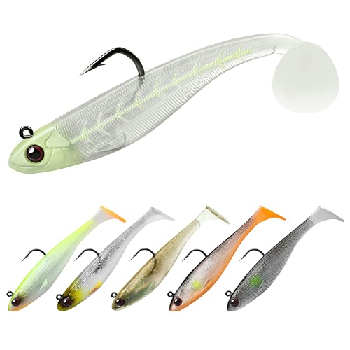 TRUSCEND Shadtale Easy Catch Soft Fishing Lures with BKK Hooks - Trembly Sinking and Vibrating Swim for More Bites, Pre-Rigged Swimbaits for Bass, Trout, Crappie, Walleye, Freshwater Saltwater Fishing - color: 4",5/8oz