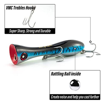 Dr.Fish Popper Saltwater Fishing Lures, 8 Inches GT Popper VMC Treble Hooks Surf Fishing Lures for Striper Tuna Barracuda Mackerel Snapper Bluefish Pencil Plugs Offshore - color: Chrome Black, Chartreuse, Blue Mackerel-3 Pack