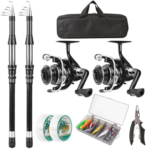 Fishing Rod Reel Combo - 2PCS 6.89ft Telescopic Fishing Poles 2PCS Spinning Reels Lures Set Fishing Pliers with Carrier Bag for Travel Saltwater Freshwater Gift Portable Fishing Pole Kit - color: Black 2