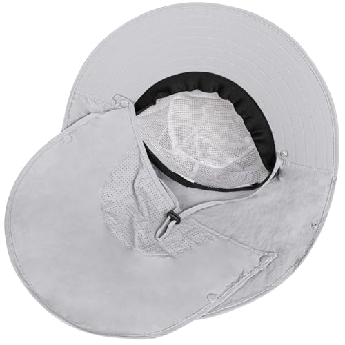 Rosoz Sun Hat for Men Women with Neck Flap,Wide Brim UPF50+ Fishing Hat with Detachable Face Cover Outdoor Sun Protection Hat - color: 1pack-light Grey