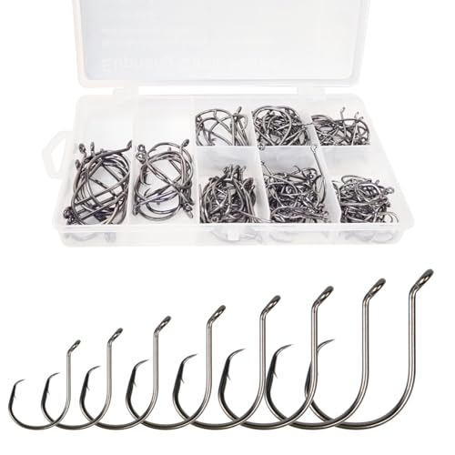 Eupheng Circle Hooks 2X Strong Offset Freshwater Saltwater Fish Hooks for Catfish Bass Trout Multi Size - size: 150pcs, #1 1/0 2/0 3/0 4/0 5/0 6/0 8/0