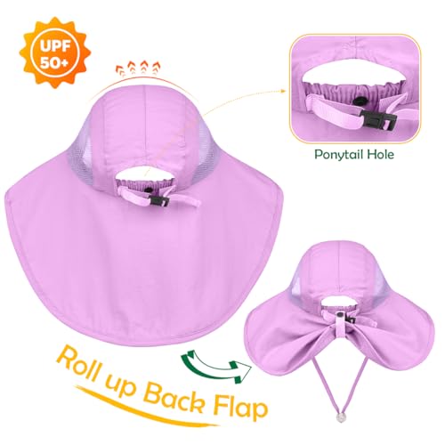 Kids Sun Hat UPF50+ Summer Beach Play Sun Protection Hats with Neck Flap for Ages 5~14 Girls Boys - color: Purple