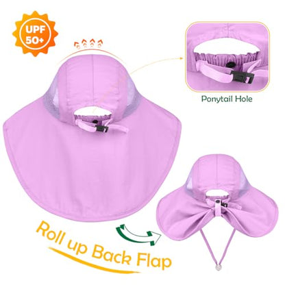 Kids Sun Hat UPF50+ Summer Beach Play Sun Protection Hats with Neck Flap for Ages 5~14 Girls Boys - color: Purple