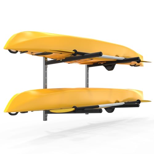 Bonnlo Kayak Storage Rack, Adjustable Heavy Duty Kayak Rack for Kayaks Paddle Boards, Kayak Paddle Holder for Garage, Spacesaver, Gentle on Padding, Boat Organizer - style: 2 Kayaks, Wall Mount