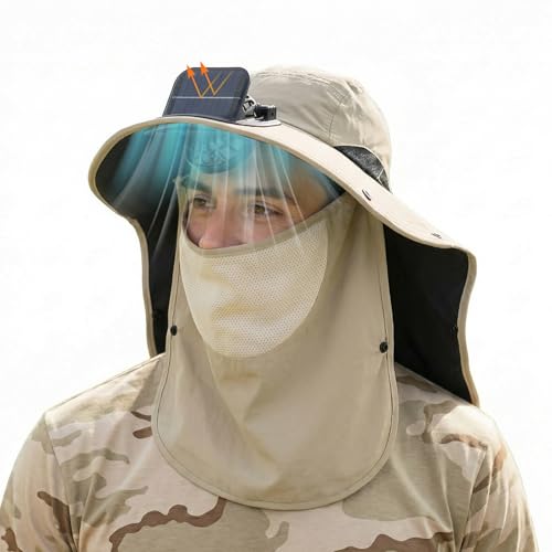 Berlune Solar Fan Hat Outdoor Fishing Hat with Neck Flap and Face Mask USB and Solar Powered for Men Women Sun Protection - color: Khaki