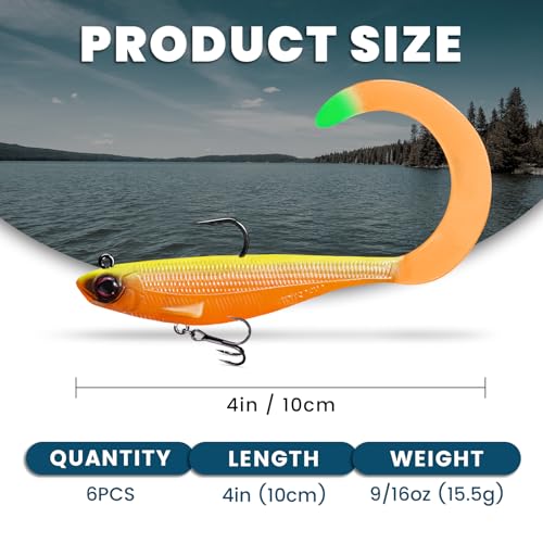 Pre-Rigged Soft Fishing Lures, Easy Catch Swimbaits for Bass Trout | Paddle & Curly Tail, Swim Baits for More Bites, Freshwater & Saltwater Fishing Bait, Crappie Walleye Pike Lures, Value Pack - color: B2-4"-0.56oz