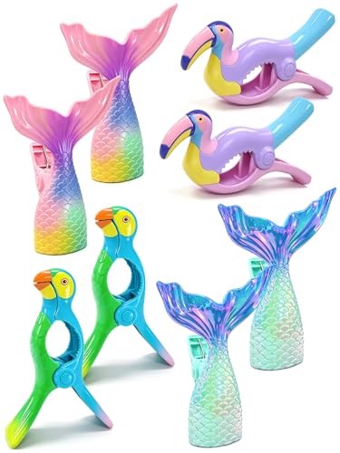 Towel Clips for Beach Chairs, 8 Pack Heavy Duty Beach Towel Clips - Cute Ocean Series with Mermaid/Flamingo/Parrot Designs, Windproof Clothespins for Cruise, Pool & Patio - style: Mermaid Tail + flamingo + parrot
