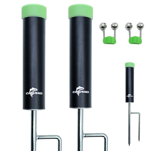 Fishing Pole Holder , 2 Pack Aluminum Fishing Rod Holder for Ground, Rod Holders for Bank Fishing, Double Spike Support, 2 Free Alarm Bells