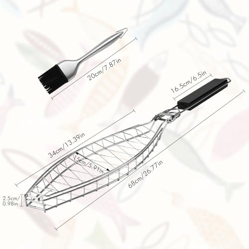 Fish Grill Basket for Grilling, Stainless Steel Basket, Non-Stick Fish Rack for Grilling with Adjustable Lock Removable Handle, Ideal for BBQ, Camping, Charcoal and Gas Grills