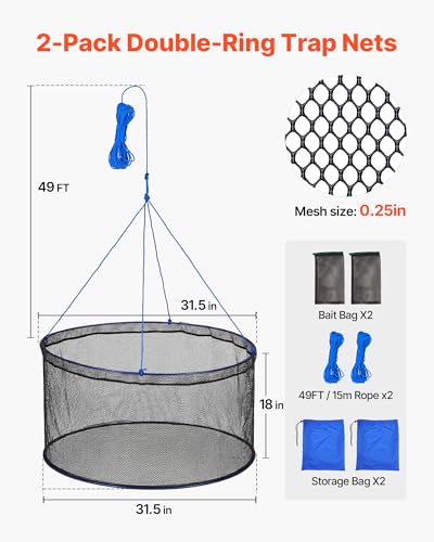 VEVOR Foldable Fishing Net, Landing Fishing Pier Nets 31.5" Hoop, Portable Drop Net for Pulling up Fish, Durable and Fish-Friendly, with Rope and Storage Bag, for Minnows, Crawfish, Shrimp, Crab