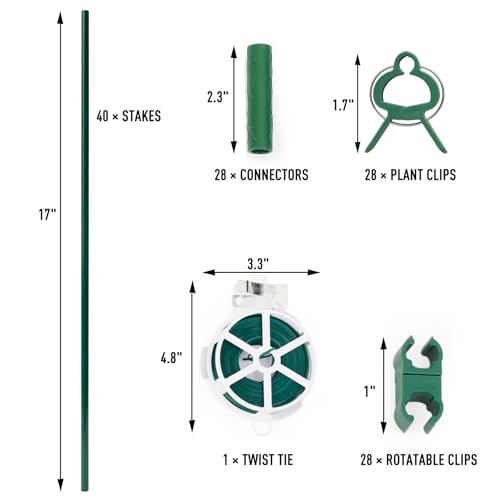 MAXPACE 125pcs Garden Stakes Kit: Includes 40 Sets of Fiberglass Plant Sticks Supports & Accessories for DIY 4ft, 5ft, 6ft, 7ft Stakes for Tomato, Vegetables, Indoor & Outdoor Gardening Supplies - size: 17inch 40pcs