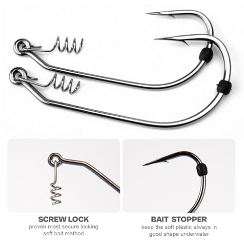 Weedless Swimbait Hooks with Screw Lock & Bait Stopper- 1/0 2/0 3/0 4/0 5/0 6/0 7/0 Sizes Worms Hooks for Bass Fishing - size: 3/0 - 40Pack