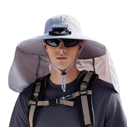 Extra Wide Brim Solar Fan Hat, Mens Fishing Hat with Fan, Neck Flap Sun Hat, UPF 50+ Solar Powered Cooling Cap Fisherman Hats - color: Light Grey With Neck Flap