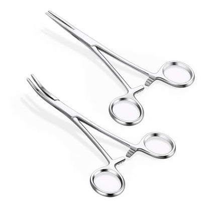 GEMQUEEN Piercing Curved and Straight Forceps for Changing Jewelry - 316L Surgical Stainless Steel Pliers Tool Set Locking Tweezers Clamps for Removal Earrings Lip Nose Rings 2 PCS - color: Silver