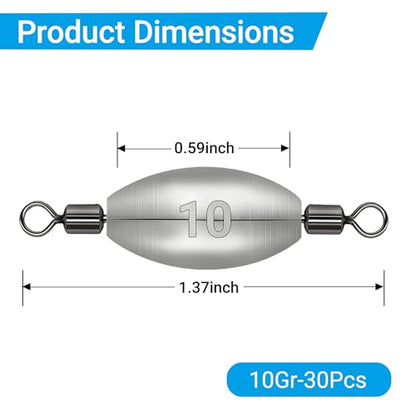 Polsefve Inline Trolling Fishing Weights with Inner Swivels, Oval Drop Casting Sinkers Lead Sinker Tackle for Catfish Bass Saltwater & Freshwater Bottom Fish(10g/15g/20g/30g/40g/60g) - color: 3/8oz-30pcs
