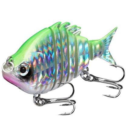 Bassdash SwimPanfish 0.34oz Hard Swimbaits Multi Jointed Topwater Trout Bass Fishing Crank Lure for Freshwater and Saltwater - color: Green/Silver