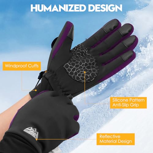 Bruvoalon Winter Gloves for Women & Men, 3M Thermal Insulation, Lycra Fabric, Touchscreen, Anti-Slip - color: Black/Purple, size: Large