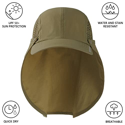 BASSDASH UPF 50+ Foldable Fishing Hat Baseball Cap with Removable Neck Flap Portable for Men Women Golf Hiking - color: Khaki With Unfoldable Brim