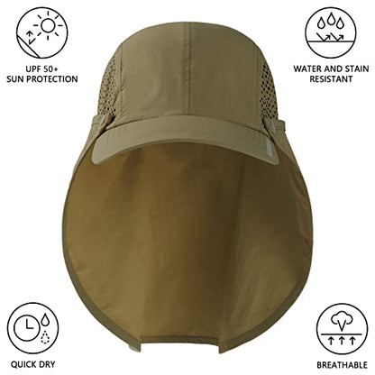 BASSDASH UPF 50+ Foldable Fishing Hat Baseball Cap with Removable Neck Flap Portable for Men Women Golf Hiking - color: Khaki With Unfoldable Brim