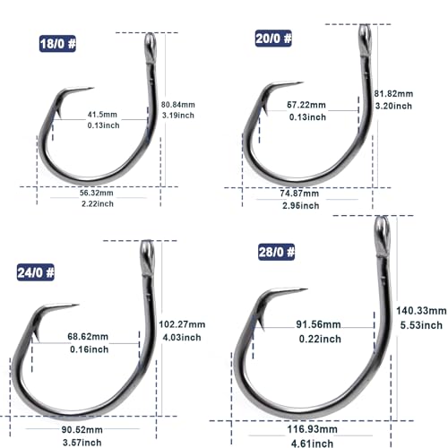 FishTrip 25pcs Inline 5X Strong Circle Hooks, Fishing Hooks for Saltwater | High Carbon Steel, Non-Offset Wide Gap Fish Hook for Catfish, Striped, Bass, Salmon, Mackerel, Tuna Sizes #1-12/0 - size: 20/0_2pcs