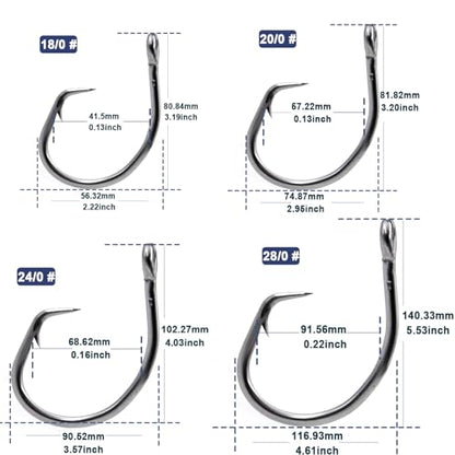 FishTrip 25pcs Inline 5X Strong Circle Hooks, Fishing Hooks for Saltwater | High Carbon Steel, Non-Offset Wide Gap Fish Hook for Catfish, Striped, Bass, Salmon, Mackerel, Tuna Sizes #1-12/0 - size: 28/0_1pcs