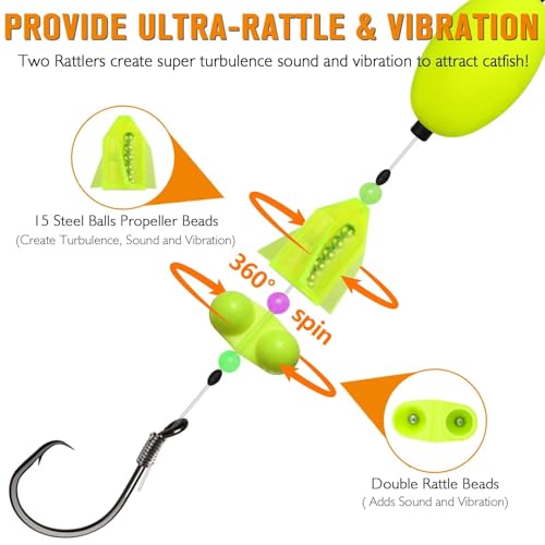 Dovesun Pre-Tied Catfish Rig System, 23 Inch 55LB Santee Cooper Catfish Float Rig with Adjustable EVA Slip Float and High Carbon Circle Hooks 5/0 6/0 8/0, Ready-to-Fish for River and Bank Fishing - color: Oval Float-Propeller Rattle-8/0 Hook * 6PCS