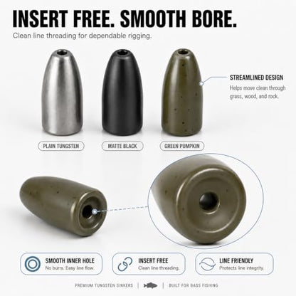 Tungsten Bullet Fishing Weights - Insert Free Worm Sinkers for Bass Fishing, Ultra Sensitive Texas & Carolina Rig Weights, Flipping & Pitching, 1/16, 1/8, 3/16, 1/4, 3/8, 1/2 oz, 5-12 Pack | 3 Colors 1/16-1/2oz Fishing Sinkers for Texas Rig, Carolina Rig,