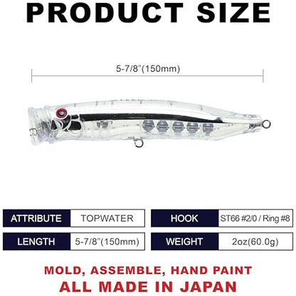 TACKLE HOUSE Feed Popper 150, Saltwater Tuna Fishing Lures, Topwater, GT, Bonito, Yellowtail, Yellowfin, Bluefin Tuna, Floating, Fishing Gear, Fishing Accessories, Fishing Tackle - color: NR CLEAR
