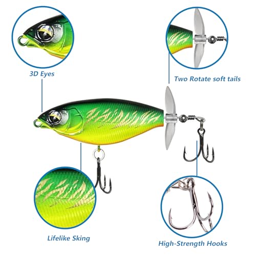 5Pcs Whopper Fishing Lure for Bass Popper Topwater Fishing Lures with Two Propeller Blade Floating Rotating Tail Barb Treble Hooks in Freshwater Plopping Lures
